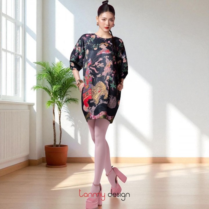 Black Cocoon brocade dress with woman pattern